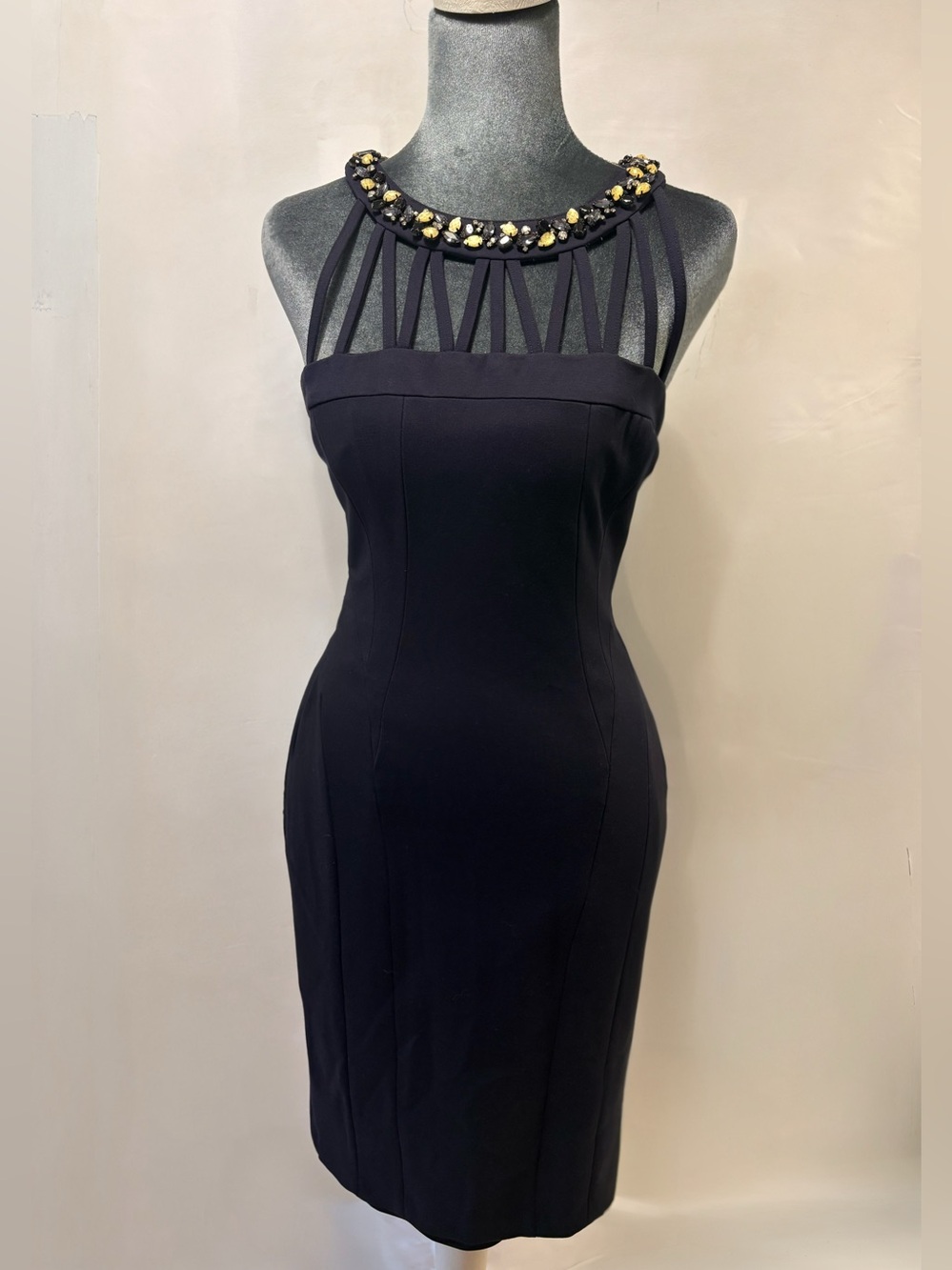 Laundry by Shelli Segal Navy Blue Embellished Cage Neckline Dress 2 - Picture 2 of 5